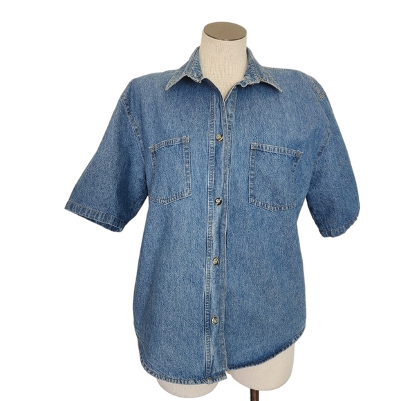 D'Colord's Casual Denim Collar Short Sleeve Button Down Women's Shirt Size L - Picture 1 of 7